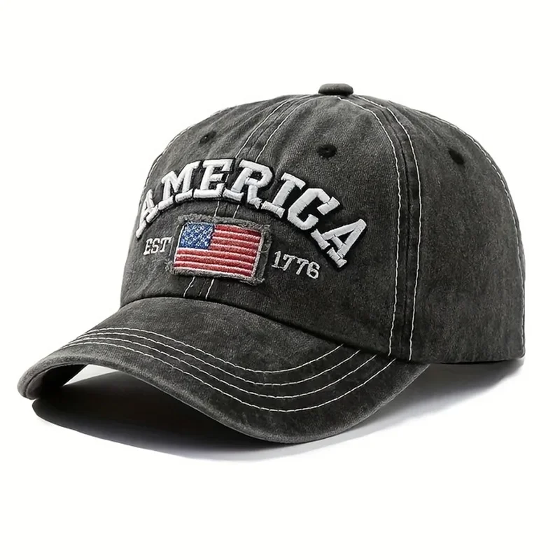 Vintage-Baseballkappe mit USA-Flagge, bestickt – auffälliger Schriftzug, Distressed Wash, Sonnenschutz – trendige Papa-Mütze für den Außenbereich – Detail 6