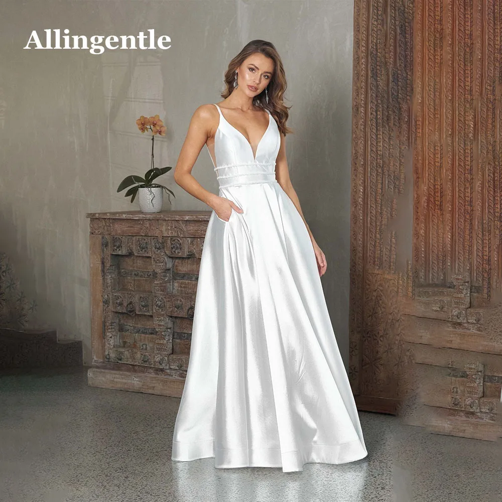 

Allingentle White Spaghetti-Strap Satin Evening Dress for Women 2023 V-Neck A Line Floor Length Prom Party Gown robes de soirée