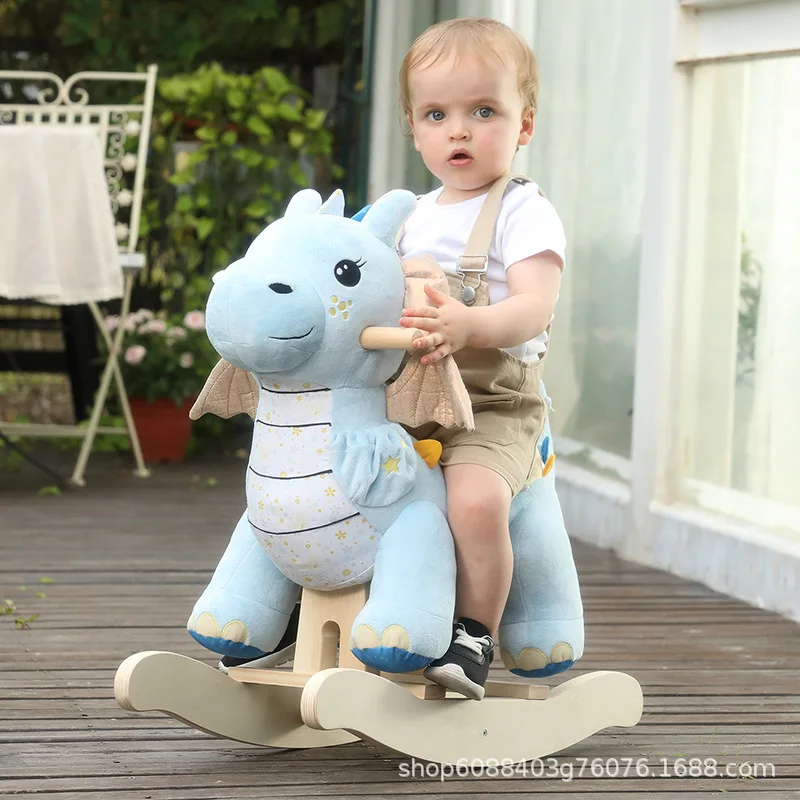 Huanyu blue winged horned dragon rocking horse children rocking chair solid wood toys for boys and girls rocking birthday gift.