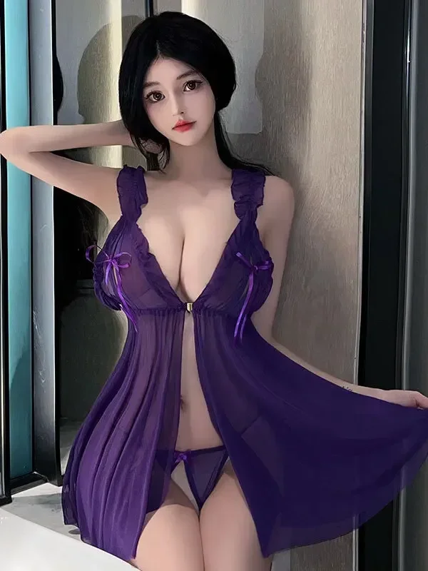 7 Colors Sexy Tank Mini Dress Sexy Exposed Chest Transparent Camisole Hot Dress Elegant Purple Sweet Mesh Lace Women Korean