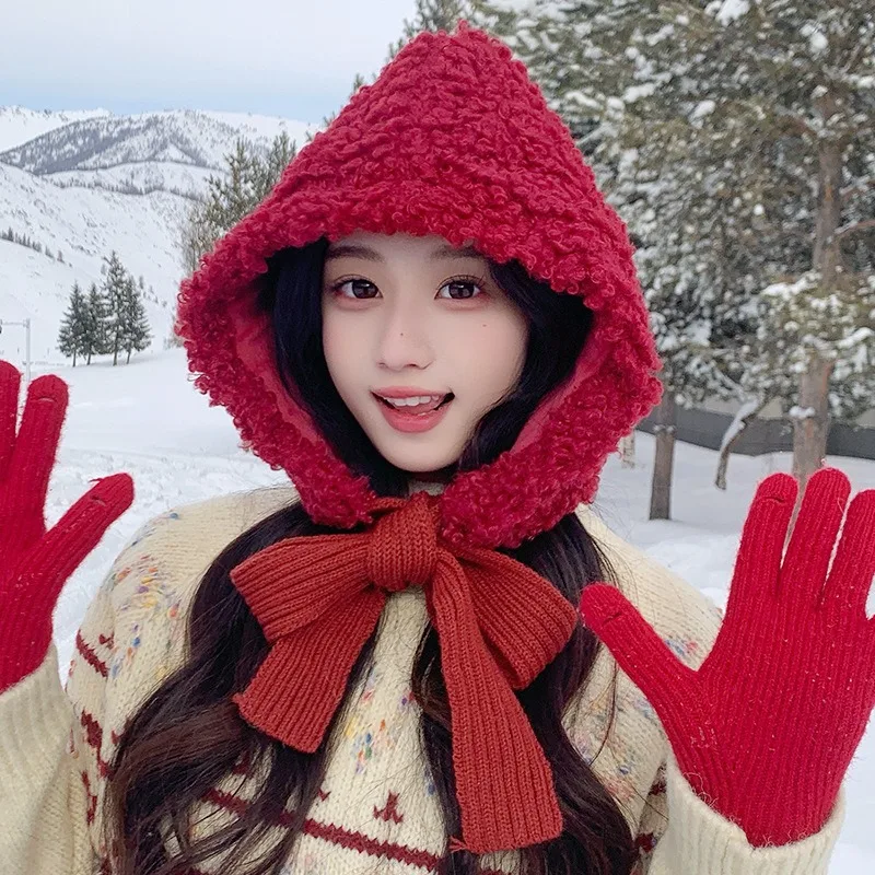 

Lamb Velvet Wrapped Ear Protection Cap Women's Autumn Winter Face Slimming Warmth Hat Sweet Cute Sle Wide Brim