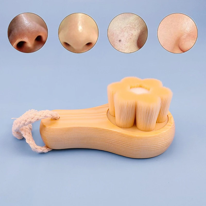 木製ハンドル付きソフトウールフェイシャルブラシ,クリーナー,ブラックヘッドリムーバー,ポアクリーナー,角質除去,プラム形状