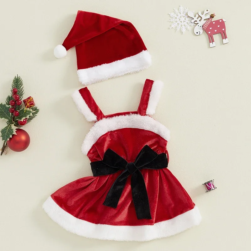 VISgogo 0-3 Years Baby Girls Christmas Dress Velvet Terry Trim Bow Waistband Sleeveless A-Line Cami Dress Hat Outfits