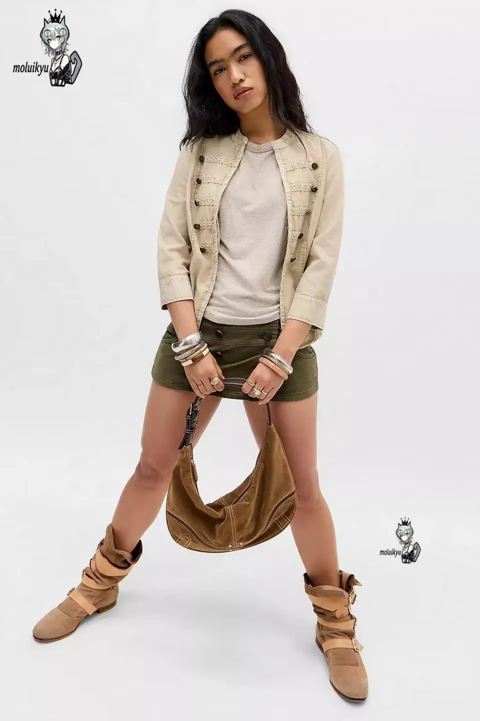 American Y2K Retro Button Military Green Skirt Harajuku Women's Washed Denim Tight Low-Waist Fashion Skirt Cargo Short Skirt view 3