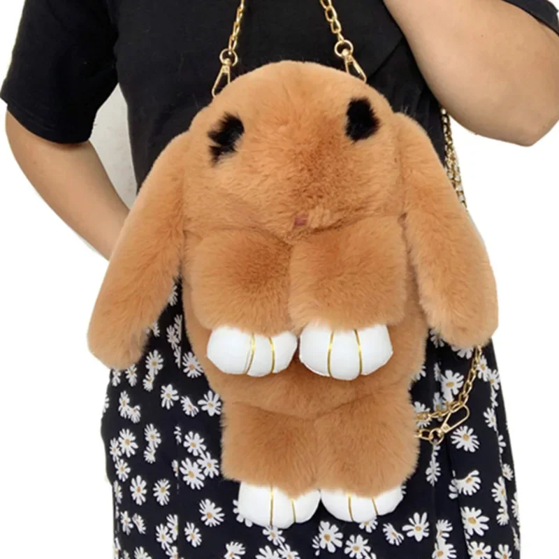 Cute Fluffy Rabbit Fur Pompoms Chain Bag Women Cartoon Rabbit Sling Bag Fluffy Bunny Shoulder Plush Backpack Girl Birthday Gifts