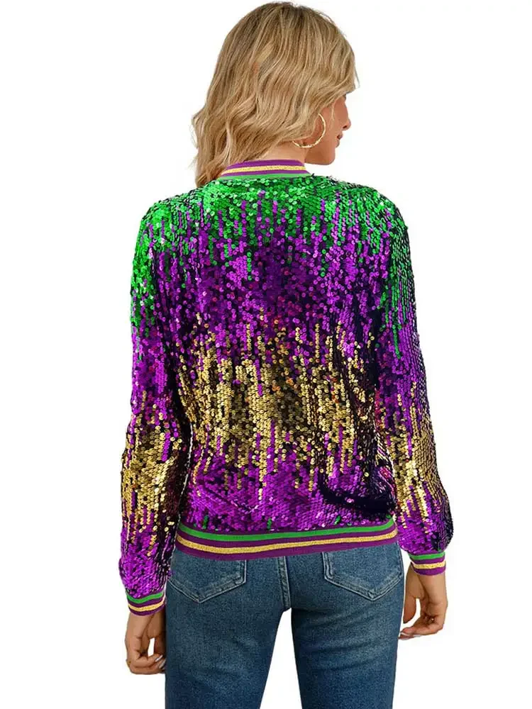 Mardi Gras Sequined Jackets Casual Jacket Women Sequin Coat Bomber Long Sleeve Zipper Streetwear Casual Loose Glitter Outerwear