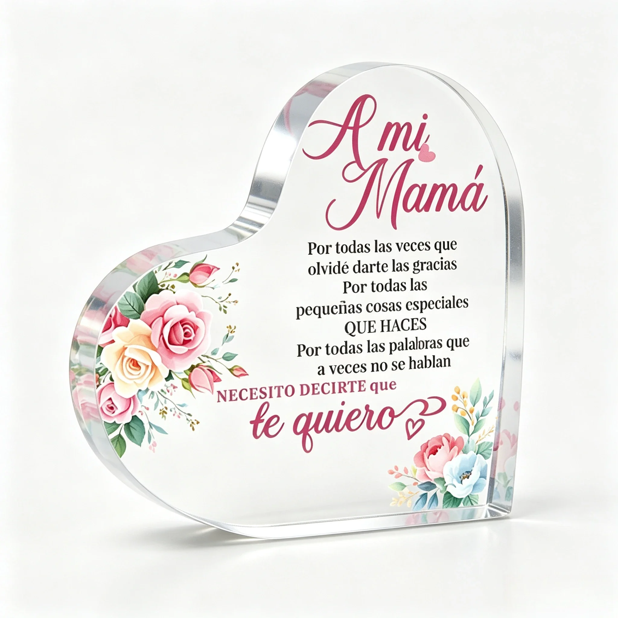 A mi Mamá Heart‑Shaped Acrylic Plaque, Rose Floral Spanish Sentimental Keepsake Gift for Mom