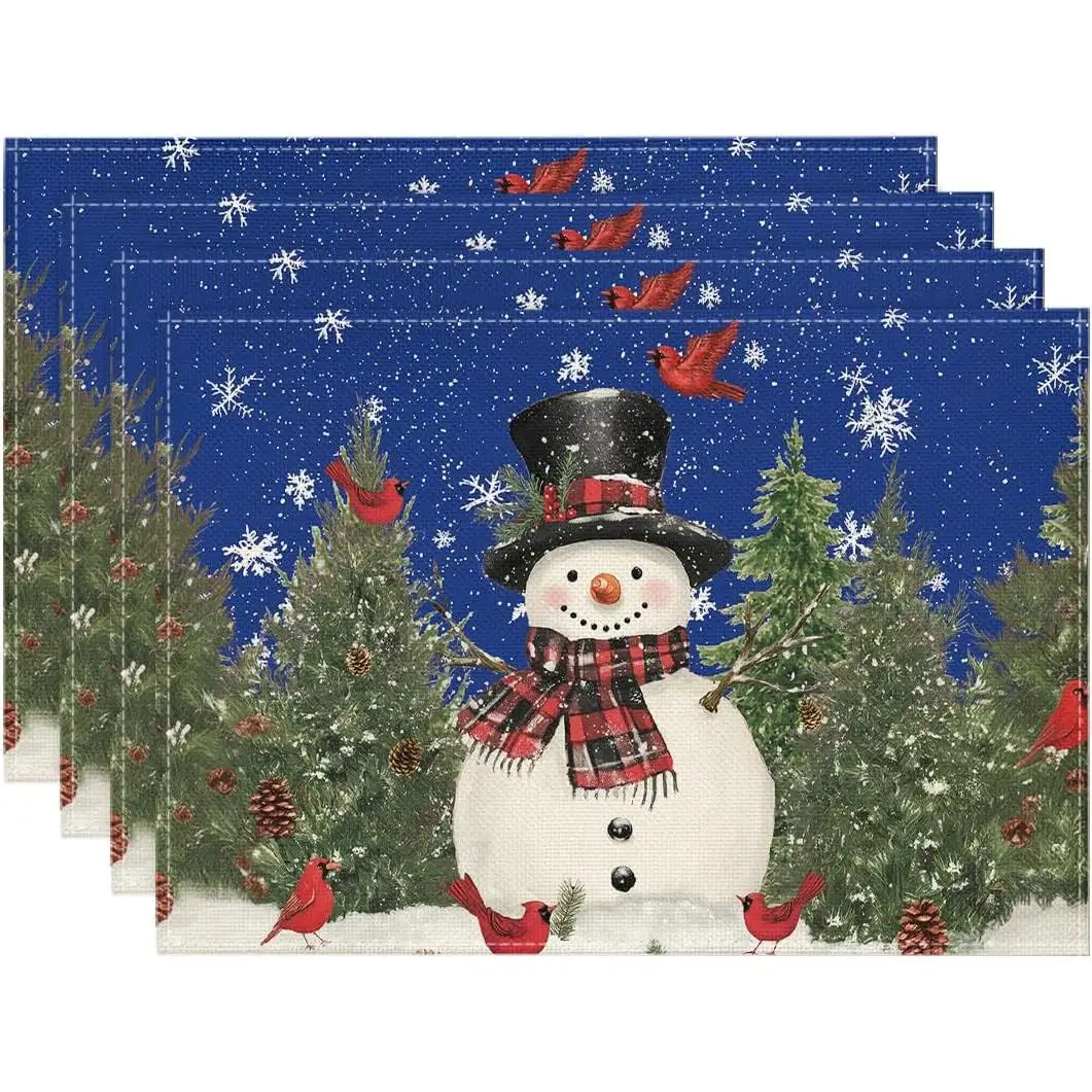 Mode Snowman Trees Blue Christmas Placemats for Dining Table 12 x 18 Inch Seasonal Winter Birds Xmas Mats Set of 4