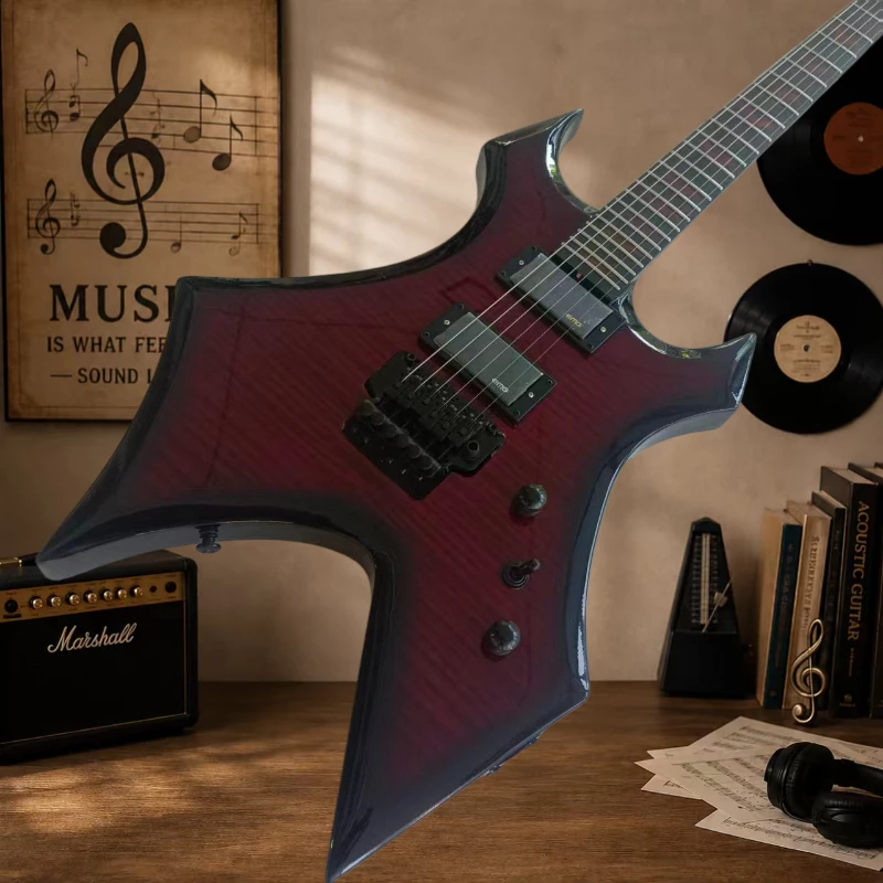 B C Warlock-Style Electric Guitar Black Cherry Burst Tiger Flame Top Triple Humbuckers Floyd Rose 24 Frets Free Shipping