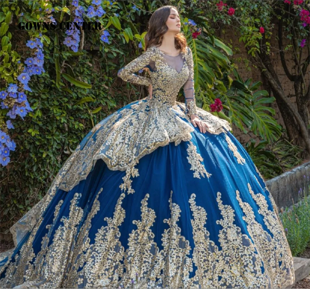 Vestido de lujo de manga larga para quinceañera, traje azul con cordones para fiesta de cumpleaños, graduación, 15 años, 2022