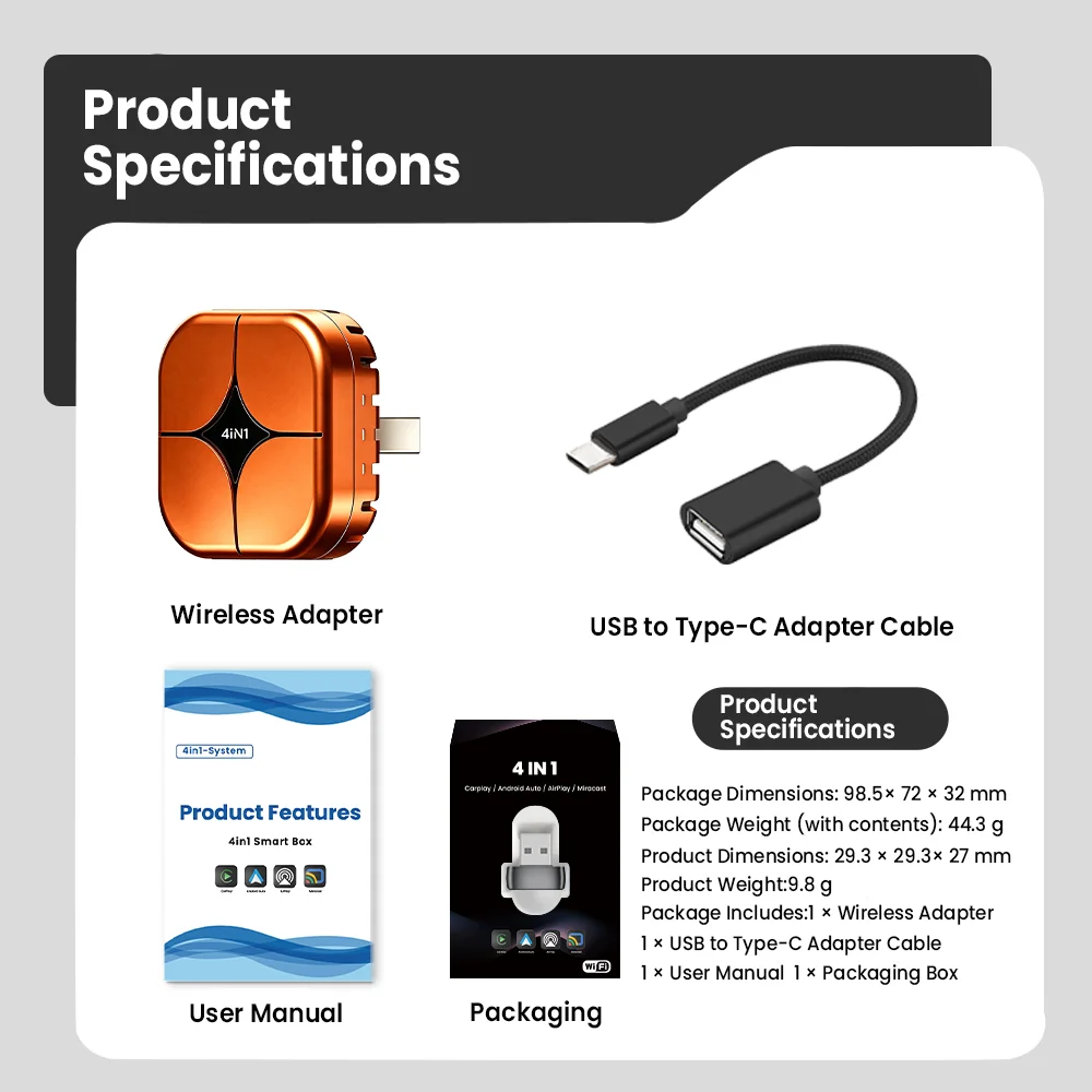 2026 4in1 New Upgrade Carplay Adapter Wireless Android Auto Mirror Link Smart MiNi AI Box USB Plug and Play Auto Connect WiFi