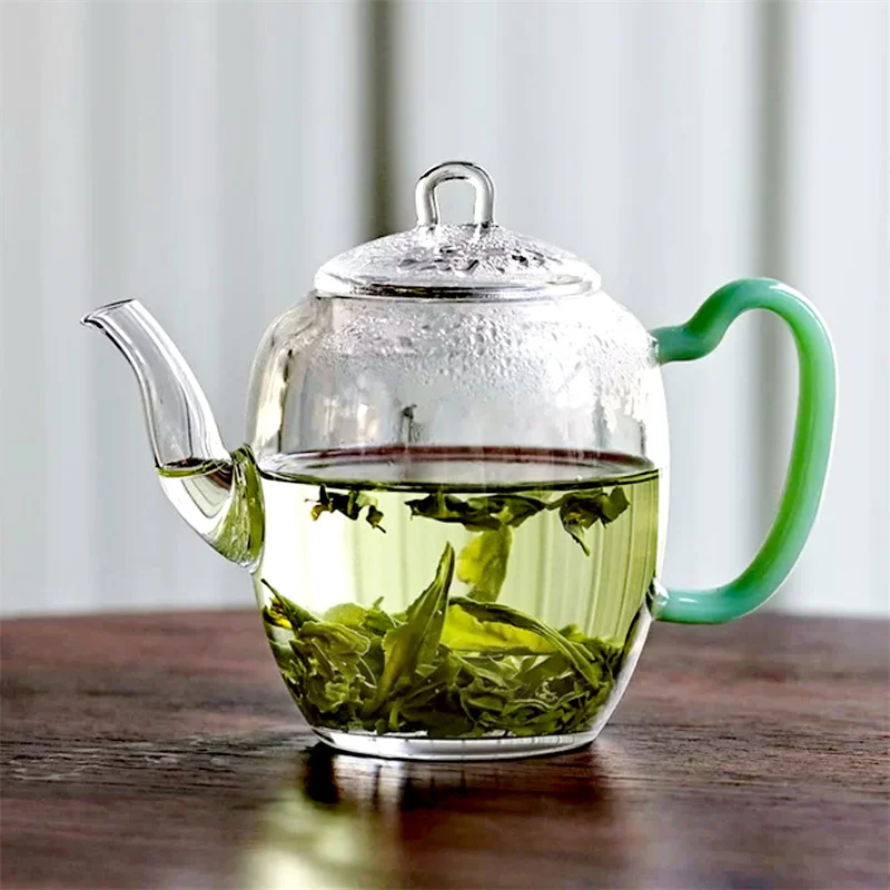 

Изысканный маленький вместительный стеклянный зеленый чайник с имитацией песен, 240 мл, ручной термостойкий чайник с нефритовой ручкой, чайный сервиз кунг-фу