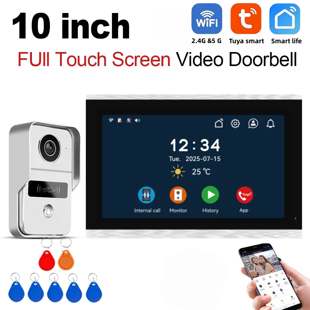 10 Inch 1080P Tuya Smart Wireless Wifi Video Entry Intercom System With Wifi Doorbell Camera RFID Card Unlock Home Apartment