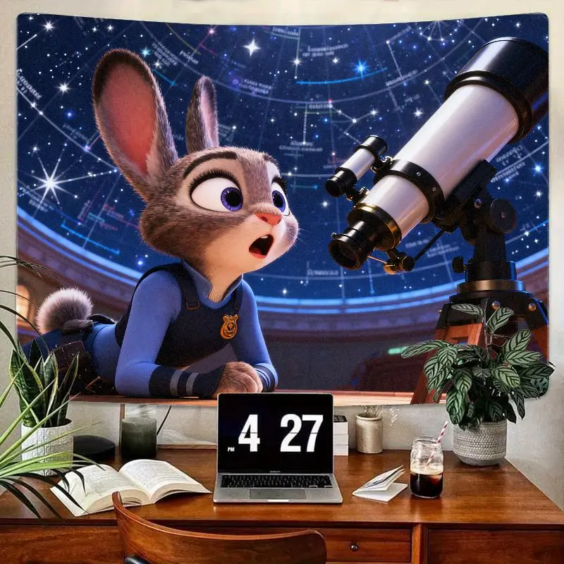 

1PC Disney Zootopia Judy Hopps Starry Night Tapestry, Cute Space Telescope Wall Art, Polyester Aesthetic Decor for Bedroom Livin