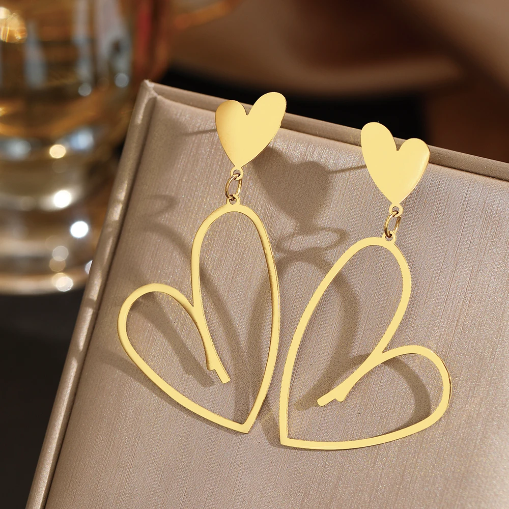 DOTIFI الفولاذ المقاوم للصدأ الرجعية الجوف الخوخ القلب قلادة الأقراط الإناث الموضة الأوروبية الشرير الأقراط الطويلة مجوهرات الحفلات هدايا