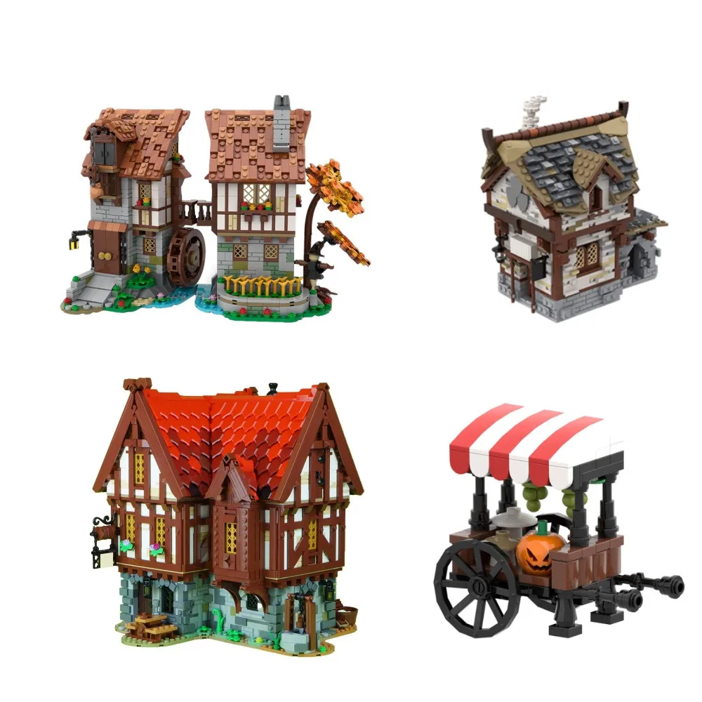 BuildMOC Retro Medieval Tavern Smithy Black Falcons Watermill Building Blocks Set Architecture House Idea Bricks Kids Toys Gifts