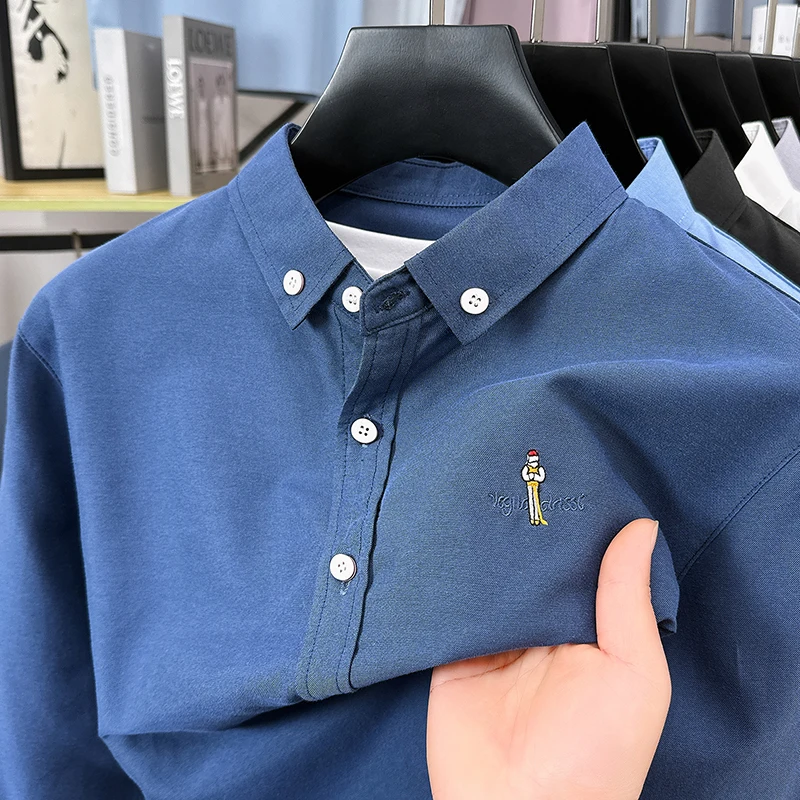 High Quality Spring Casual Breathable Comfortable Embroidered Lapel Shirt Korean Version Solid Color Trend Business T-shirt Top