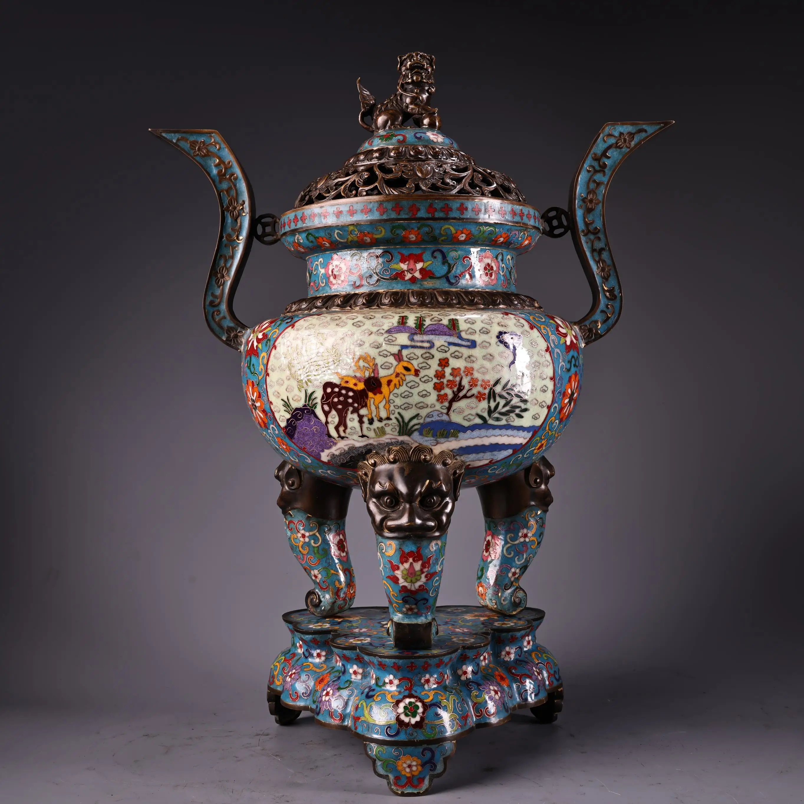 

22"Xizang Folk Collection Old Bronze Cloisonne High Relief Deer Flower Pattern Lion Ruyi Ear Three Legged Incense Burner Base