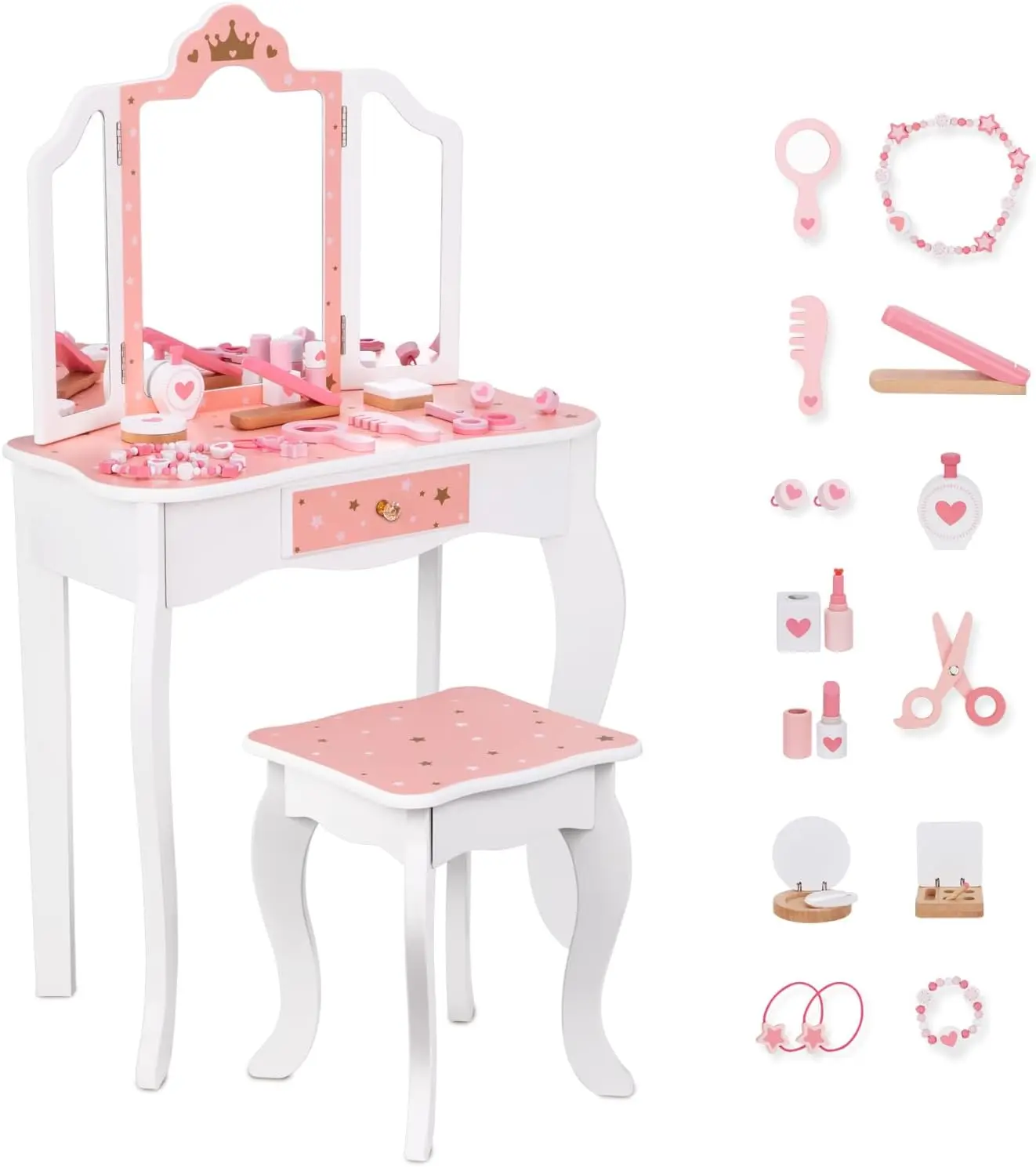 Girls Vanity Set with Mirror and Stool, Makeup Vanity Dressing Table for Kids, Premium Child Vanity Set as Gift, Woo