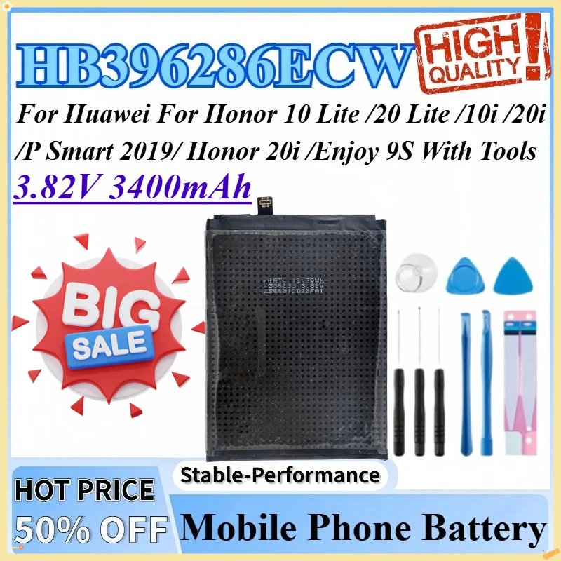 

Аккумулятор HB396286ECW 3,82 В, 3400 мАч для Huawei Honor 10 Lite 10i/20i/20 Lite/P Smart 2019/20i/Enjoy 9S с инструментами