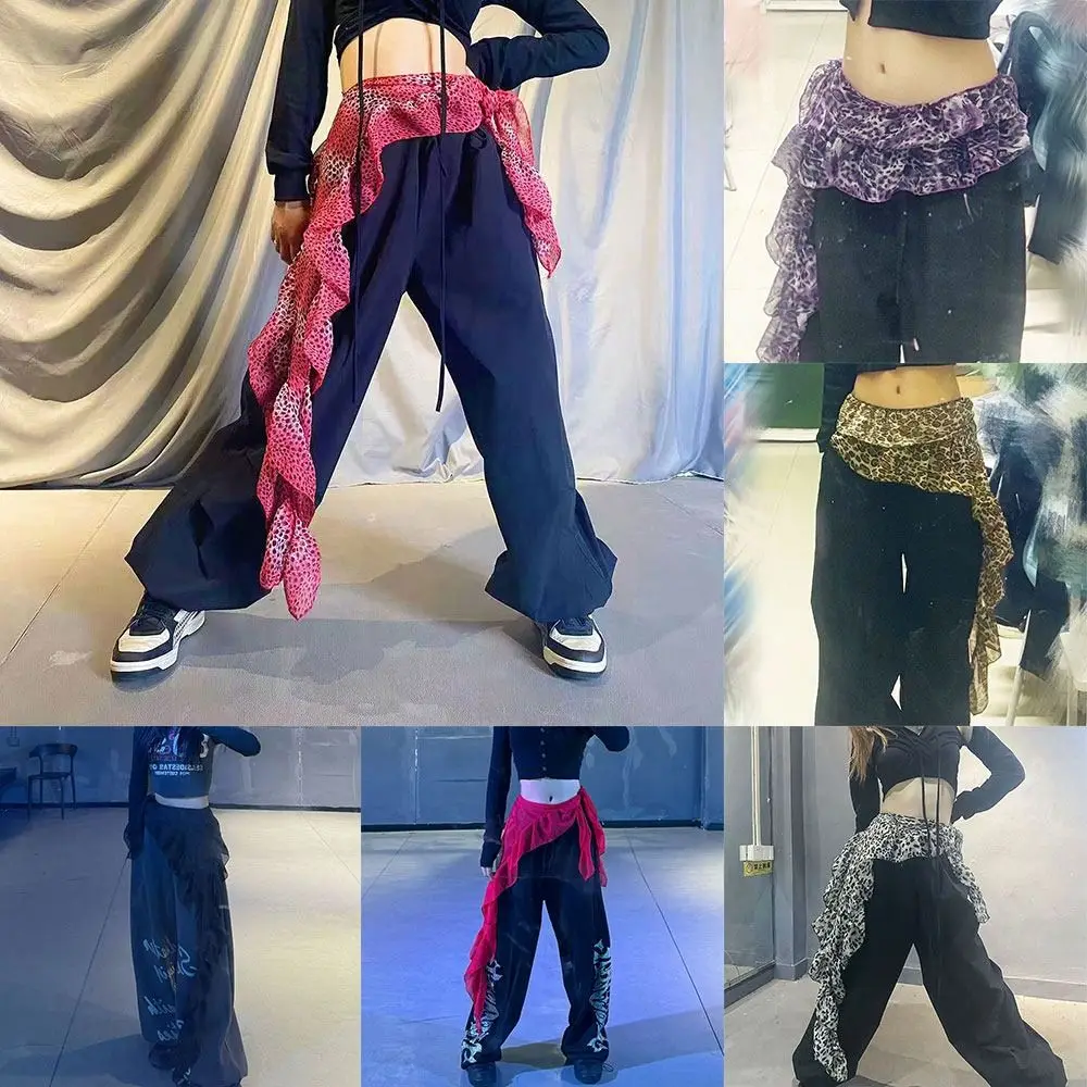 Jeans Pants Decor Leopard Lace Mini Skirt See Through Y2K Streetwear Ruched Skirts Lace-up Design High Waist Butt Curtain