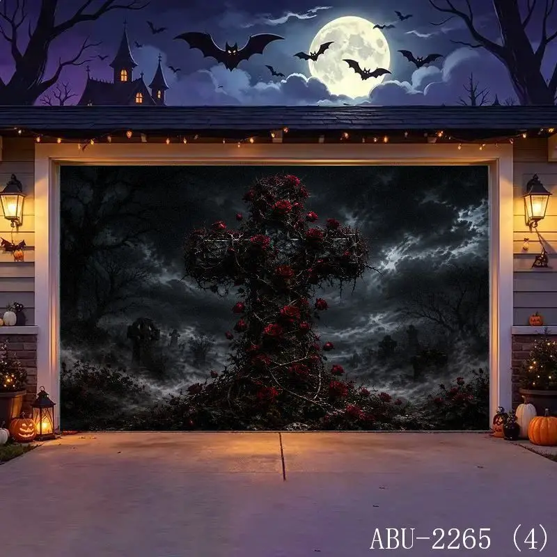 VIKAMA Halloween Thorn Vine Red Rose Cross Graveyard Garage Door Cover Tapestry Spooky Gothic Outdoor Home Decor Aesthetic Art