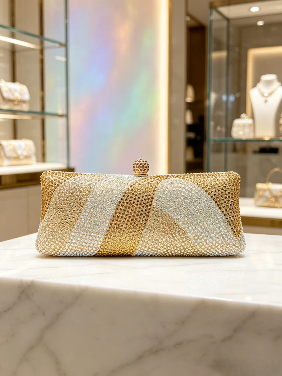 Gradient Gold White Diagonal Dense Rhinestone Long Clutch Luxury Eye-catching Evening Bag Middle Aged Women Wedding Party Heavy