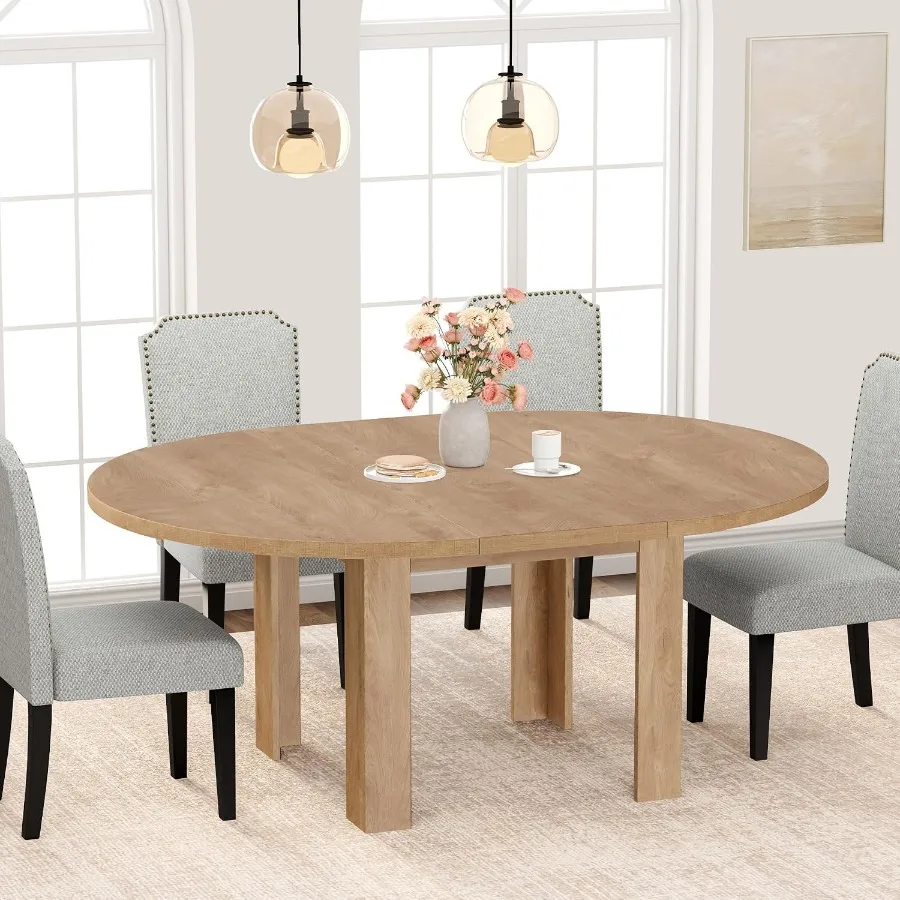 47 in-63 in Extendable Round to Oval Dining Room Table for 4-6, Sturdy Farmhouse Kitchen Table with 4 Robust l-Shaped Legs, Woo