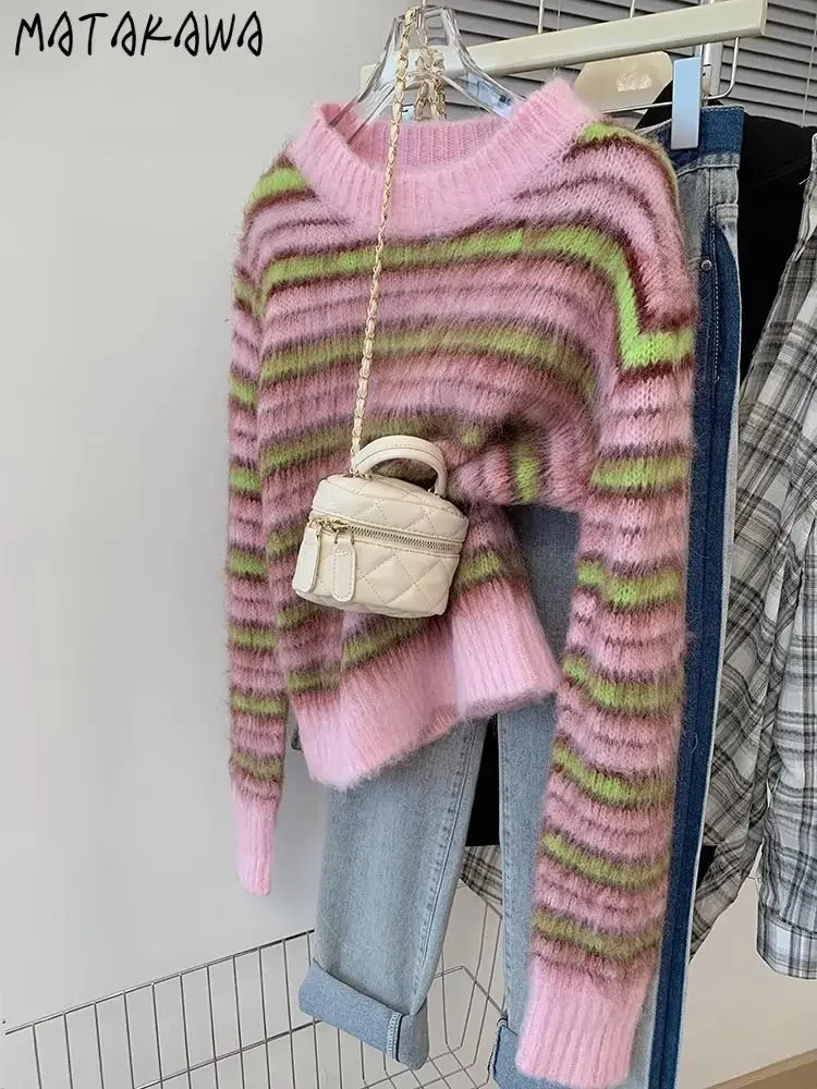 

Женские свитера в полоску Matakawa, осенне-зимние модные корейские винтажные милые женские простые норковые кашемировые свитера для женщин