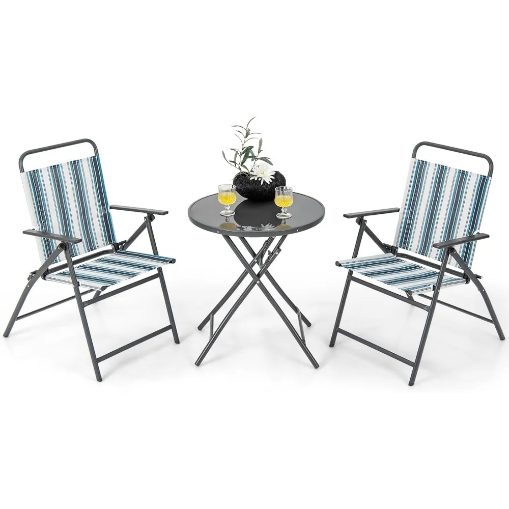 

3 Pcs Patio Bistro Set, Folding Table and Chairs Set, Metal Outdoor Dining Set with 2 Chairs, Glass Round Side Table, Conversat