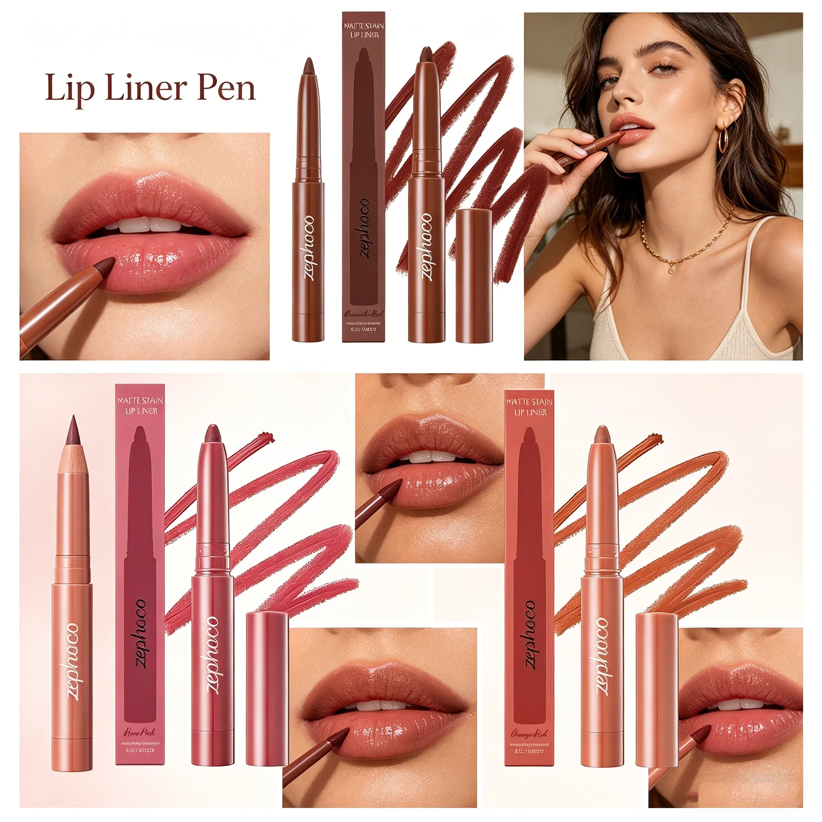 Zephoco 3D Matte Lip Liner Pen Lightweight Outline Natural Lip Shape Long Lasting Color No Smudge No Transfer Mask Proof Makeup