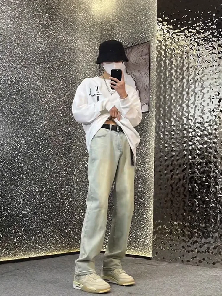 

Мужские джинсы American Sle прямого кроя, облегающие, эластичные, модные, в стиле High Street, винтажные, длинные брюки, цвет грязно-желтый