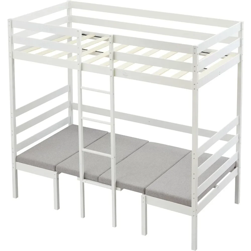 Twin Over Twin Bunk Beds for Kids Teens Boys and Girls, Convertible Upper Bed,Padded Seats,Bedroom Furniture,Space-Saving, White