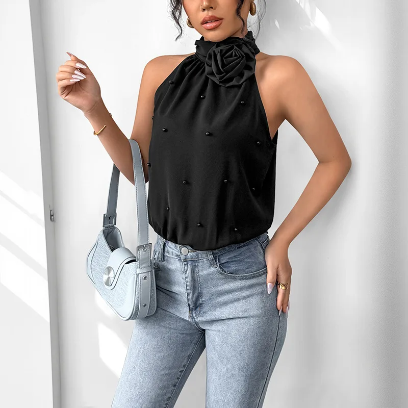 2025 Nieuwe Mode Amerikaanse Europese vrouwen Zwarte Effen Kleur Mouwloze Elegante 3d Bloem Opknoping-hals Speelpakjes Vrouwelijke Romper