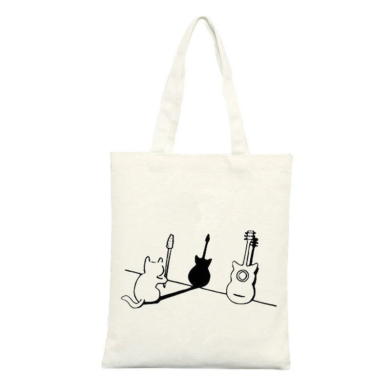 Canvas Tote Bag with Cat and Guitar Graphic, Minimalist Design for Casual Daily Use