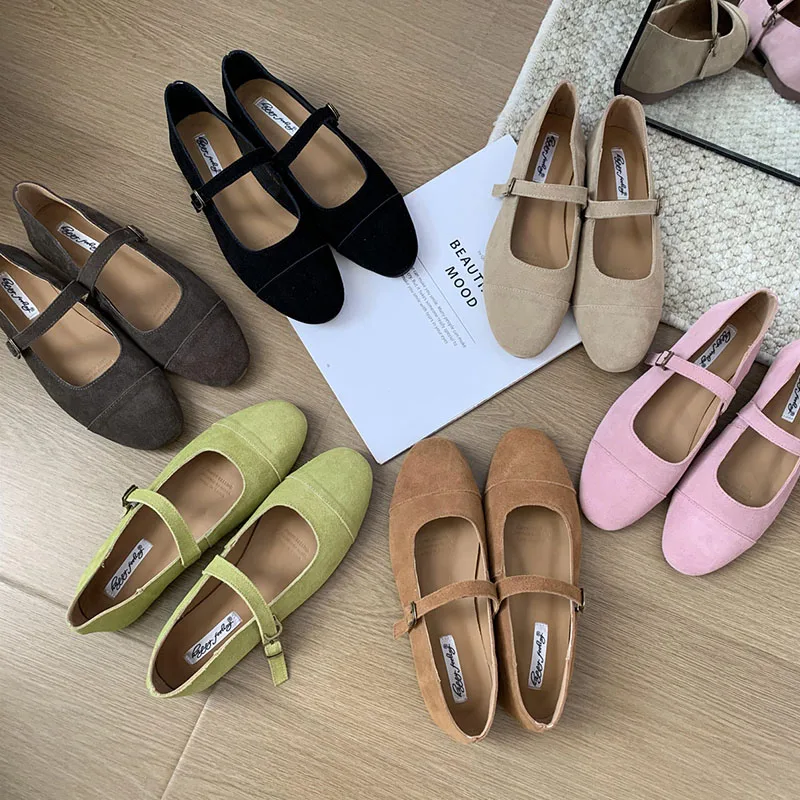 Fashion Mary Jane Shoes Women Flats Ballet Cow Suede Girl Style Ballerina Leather Green Retro Moccasin Casual Ladies Ballerins