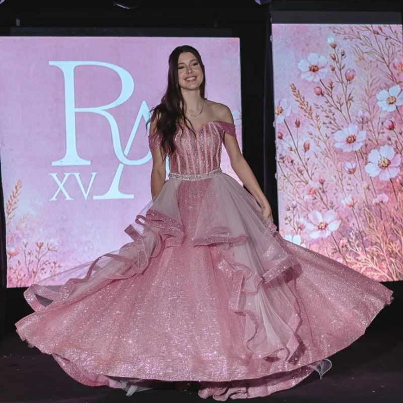 

Simple Shiny Pink Quinceanera Dresses Off the Shoulder Sequin Decal Lace Layering Long tail Vestido De 15 Quinceanera Customize