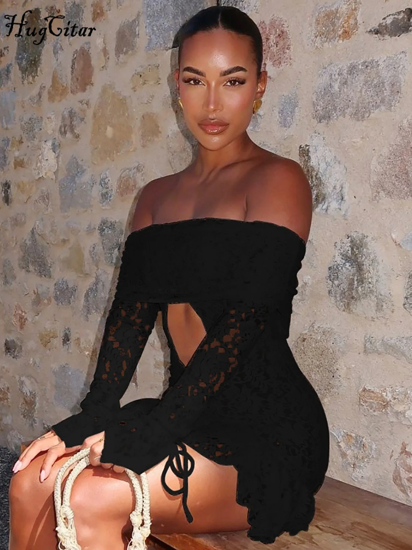 Hugcitar Print Slash Hals Lange Mouw Patchwork Kant Uitgehold Sexy Onregelmatige Mini Jurk Lente Vrouwen Y2K Outfit Feestvakantie