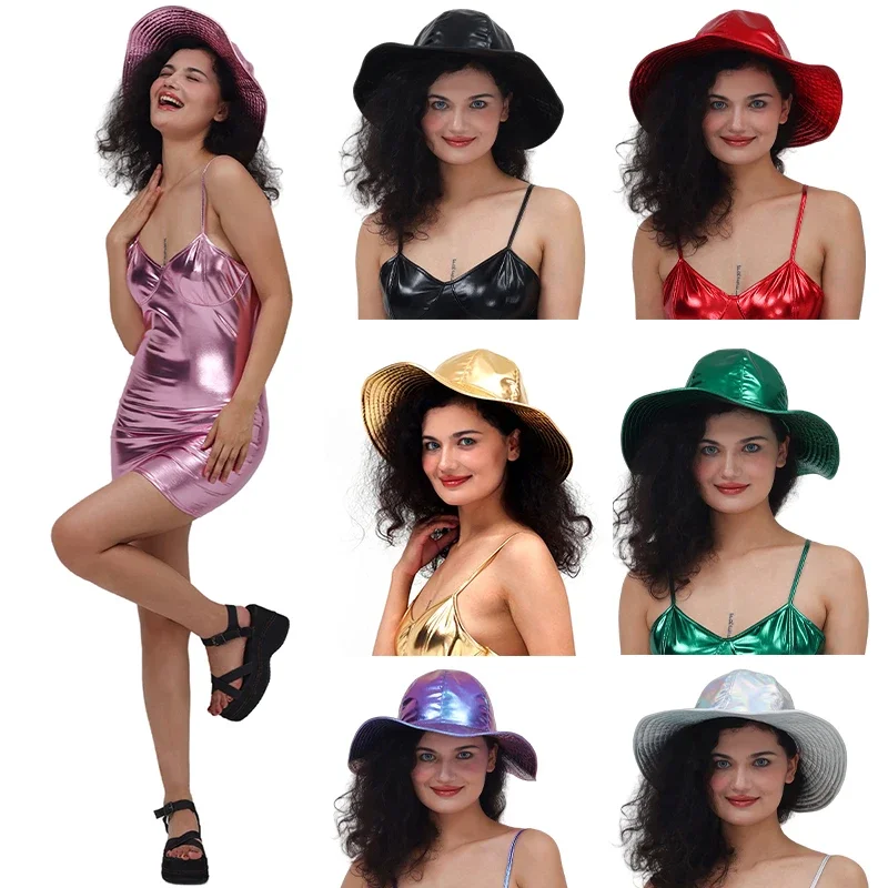 Kapelusz typu bucket hat z szerokim rondem, metaliczny, błyszczący, dwukomorowy, w stylu hip-hopowym, jednolity kolor, uniwersalny, model 2025.