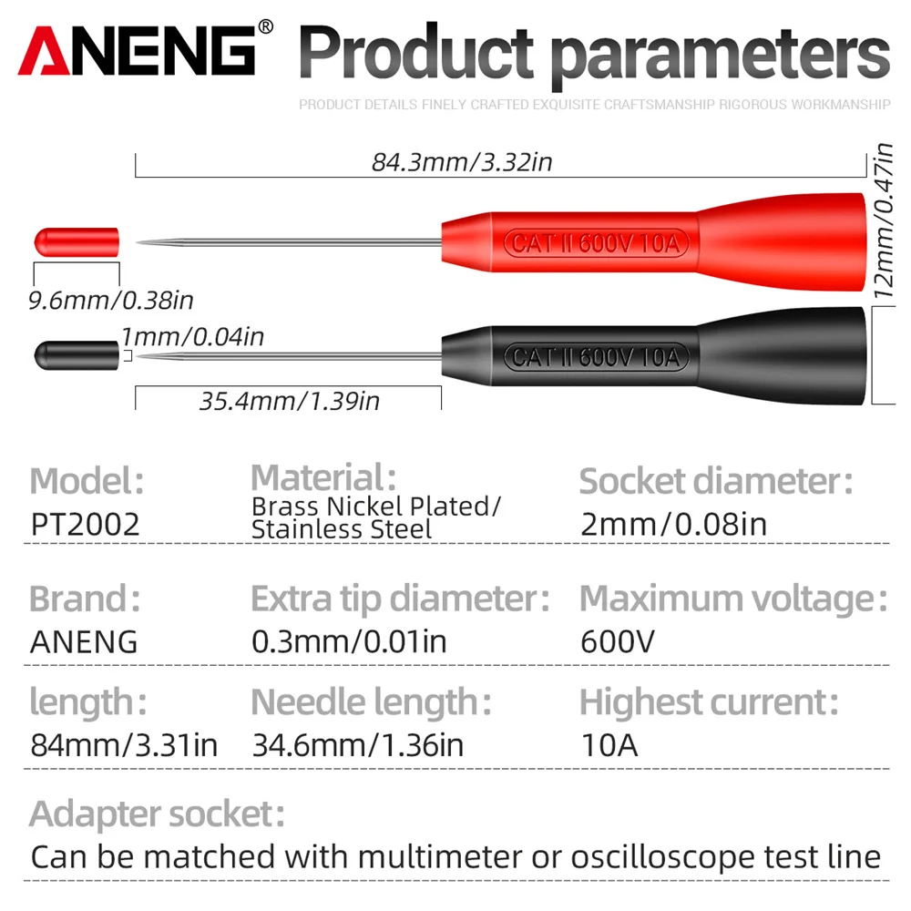 ANENG PT2002 Ago perforante isolante Pin da 1 mm Sonda di prova multimetro non distruttiva 10A 600 V per cavo di prova da 2 mm