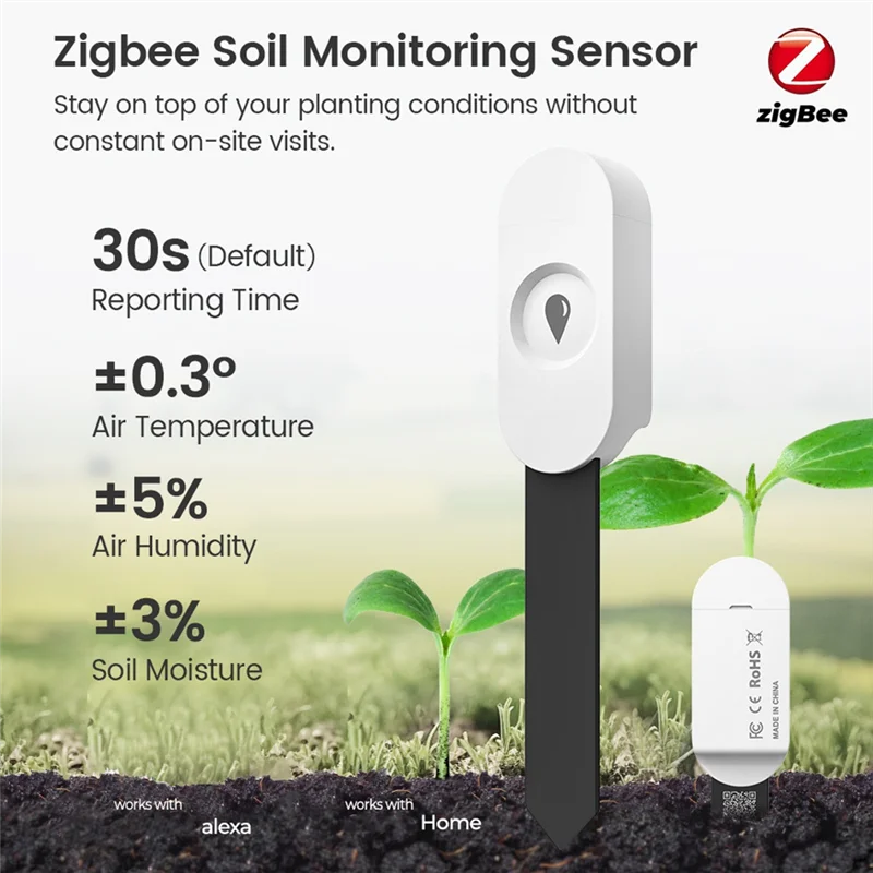 AA08-Zigbee مستشعر رطوبة التربة الذكي 2 في 1 مقياس رطوبة بلوتوث ومتتبع درجة الحرارة لبستنة النباتات الداخلية