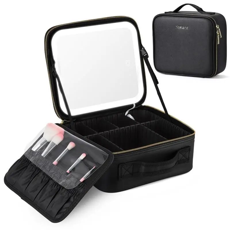 Travel Makeup Case With Lighted Mirror Cosmetic Storage Travel Bag Cosmetic Artist Organizer With Light-Up Mirror PU Makeup Bag