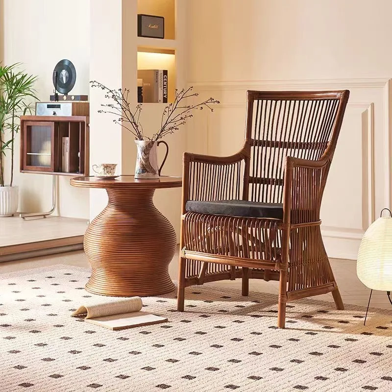 Vintage rattan chair, natural Indonesian rattan woven home leisure chair, medieval wabi-sabi back chair 4