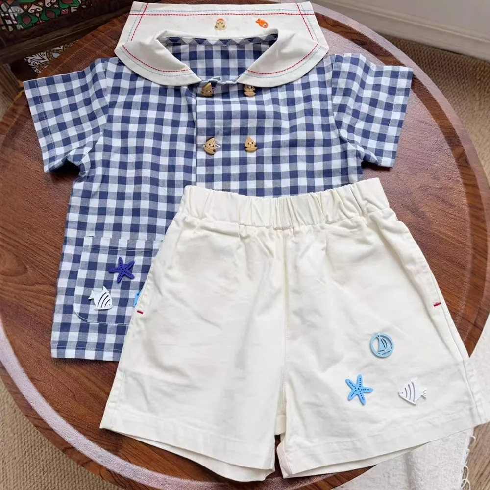 

baby girl clothes kids' sets and outfits Navy style suit large-lapel plaid pattern top + white shorts boys clothing
