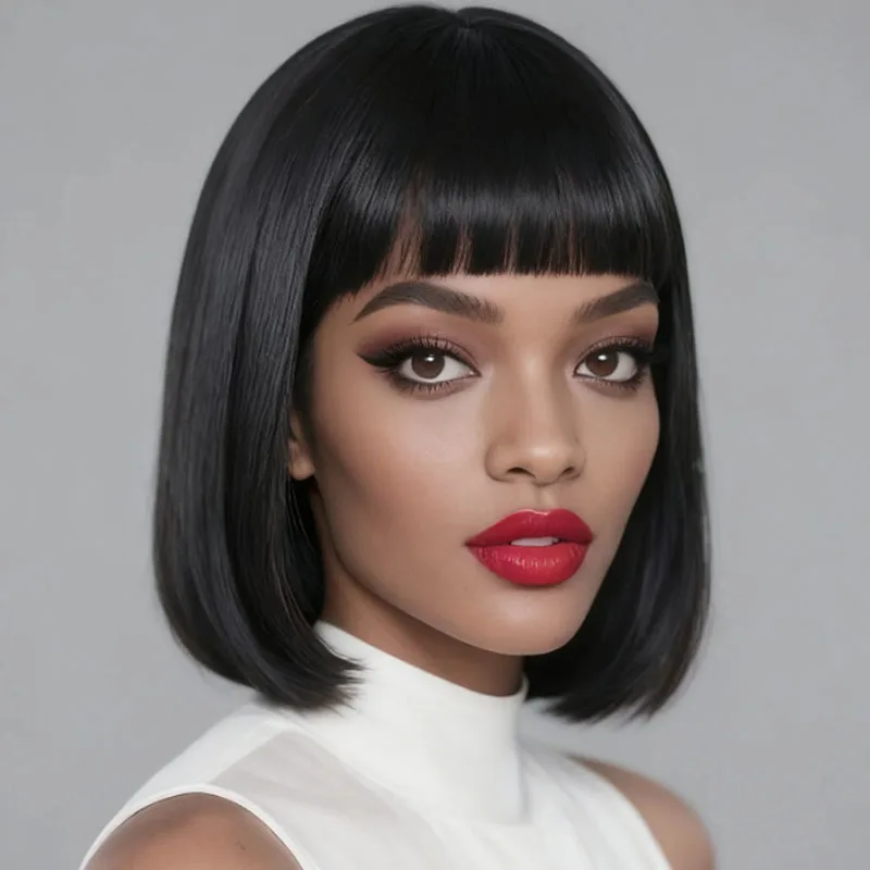 شعر مستعار صناعي أسود مقاس 12 بوصة مع غرة، مناسب للعب الأدوار على الطراز الأساسي للهالوين