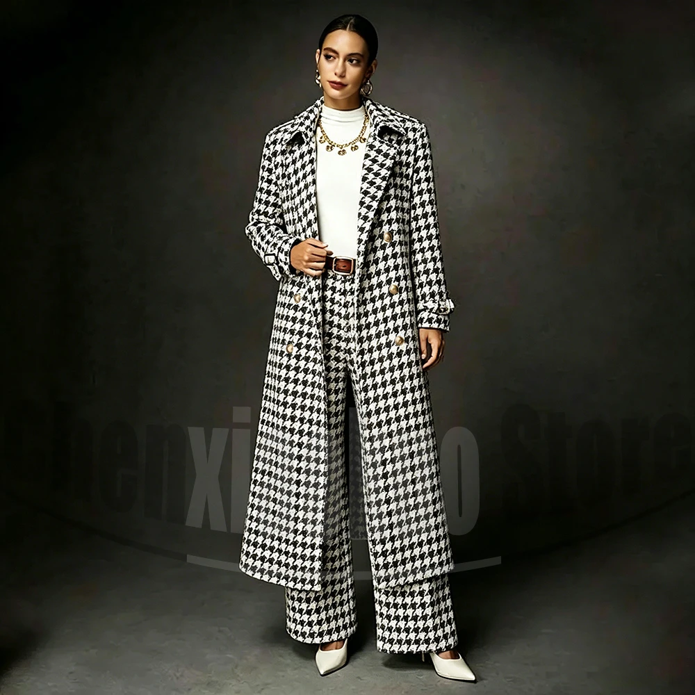 Women Houndstooth 2 Piece Suit Set Long Double Breasted Coat Wide Leg Pants Stylish Formal Party Office Daily Casual Outfit