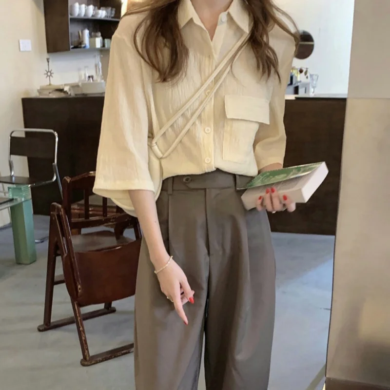 Vintage Chiffon Seven-minute Sleeve Shirt Female Summer Pleated Blouse Early Fall Lazy Wind Loose Shirts