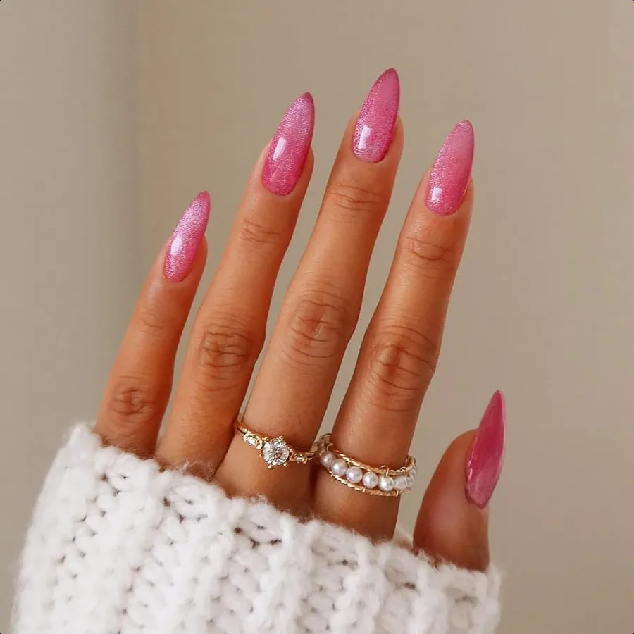 

Pink Pr on Nails Medium Almond Fake Nails Glossy False Nails with Glitte Artificial Nails Full Cover Acrylic Nails Stick on Nai