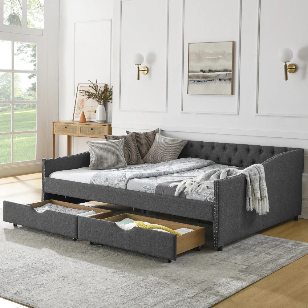

Queen Size Daybed with Drawers: Upholstered Tufted, Button Back, Copper Nail Arms (84.5x63.5x26.5) (OLD SKU W1413S00034)