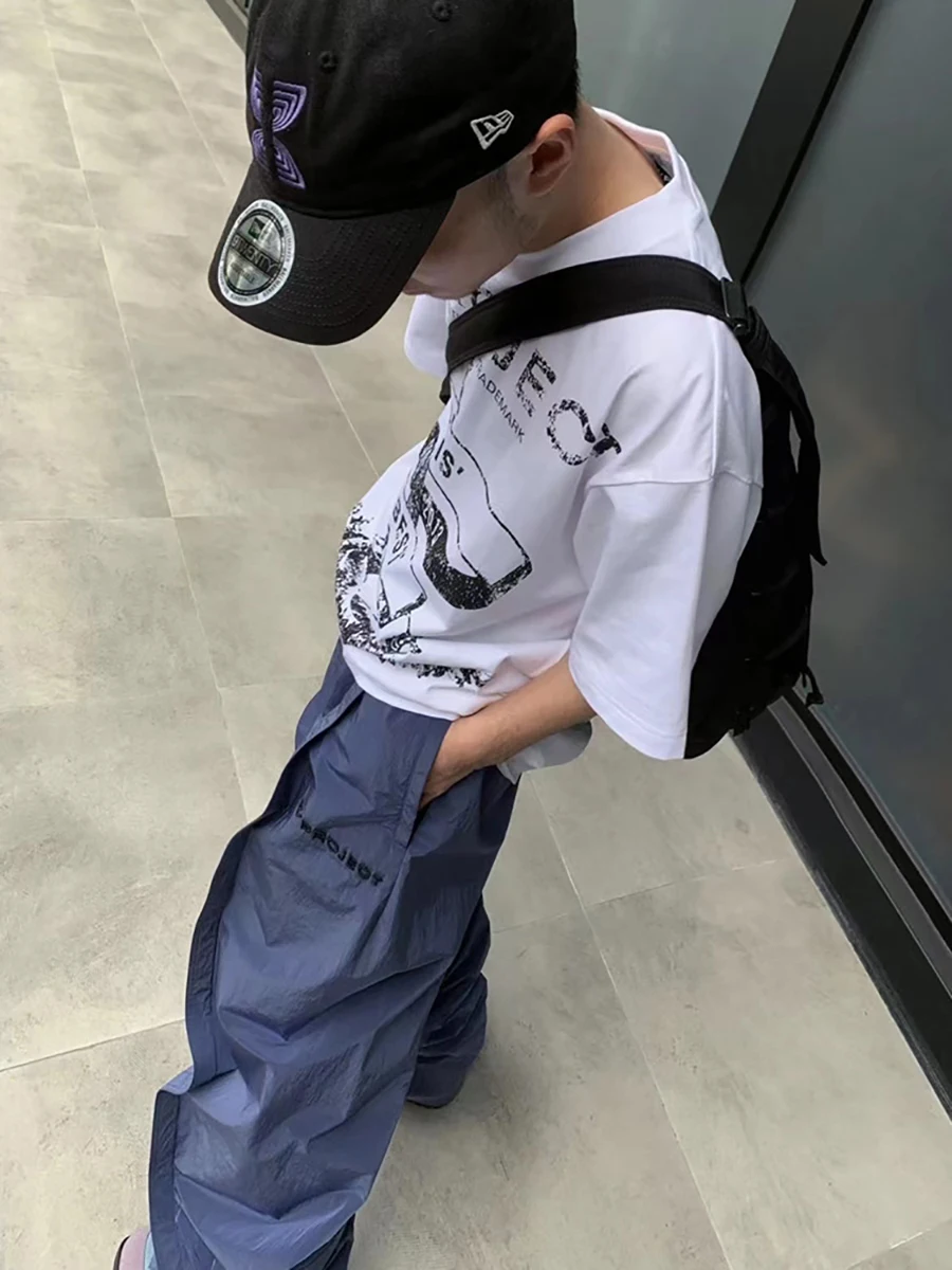 กางเกงขายาวลำลองทรงหลวมผ้าไนลอนสองชั้น แต่งลายปักตัวอักษร สไตล์สปอร์ต ใส่สบาย ทรงตรง ขากว้าง